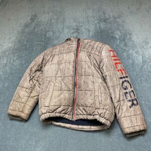 Tommy Hilfiger Puffer Jacket Boys S 7/8 Gray Graphic Logo Long Sleeve Full Zip